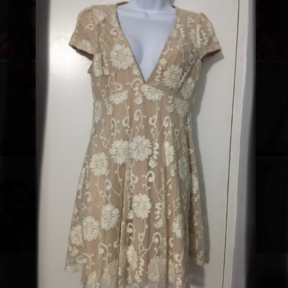 Deep V-neck Nude dress with White Lace